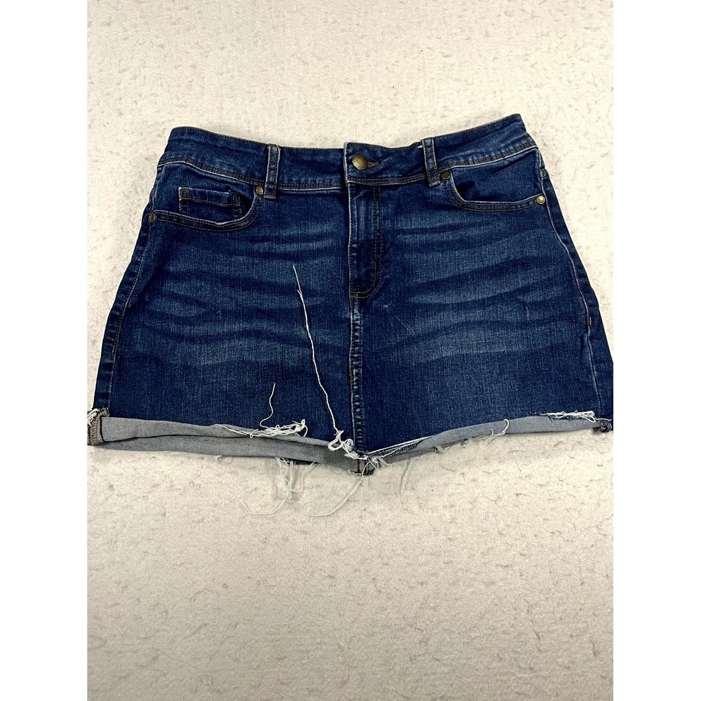 Y2K Dip Mini Skirt Womens 8 Blue Denim Cotton‎ Stretch Distressed Raw Hem Formal